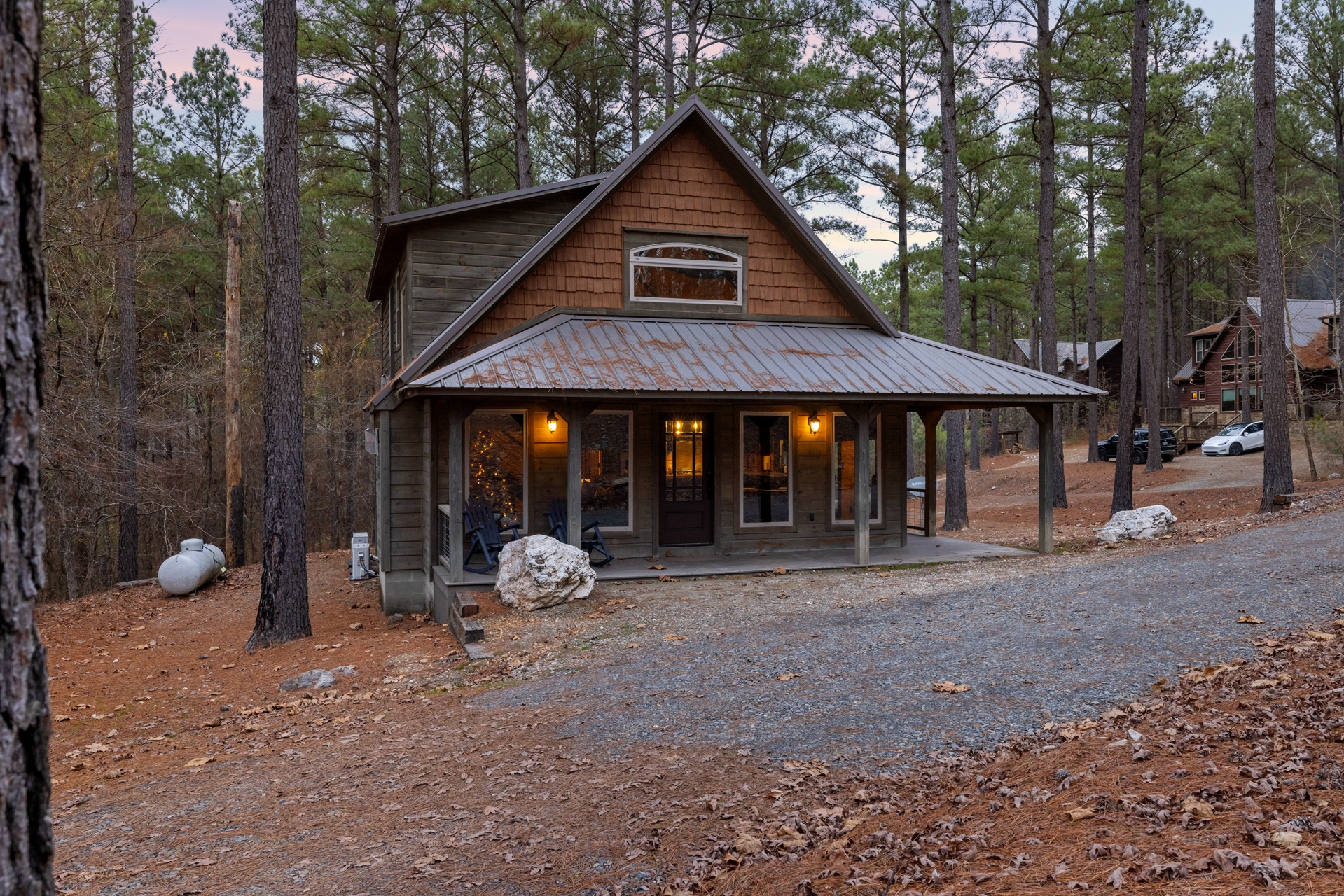 Front of log 2 story cabin