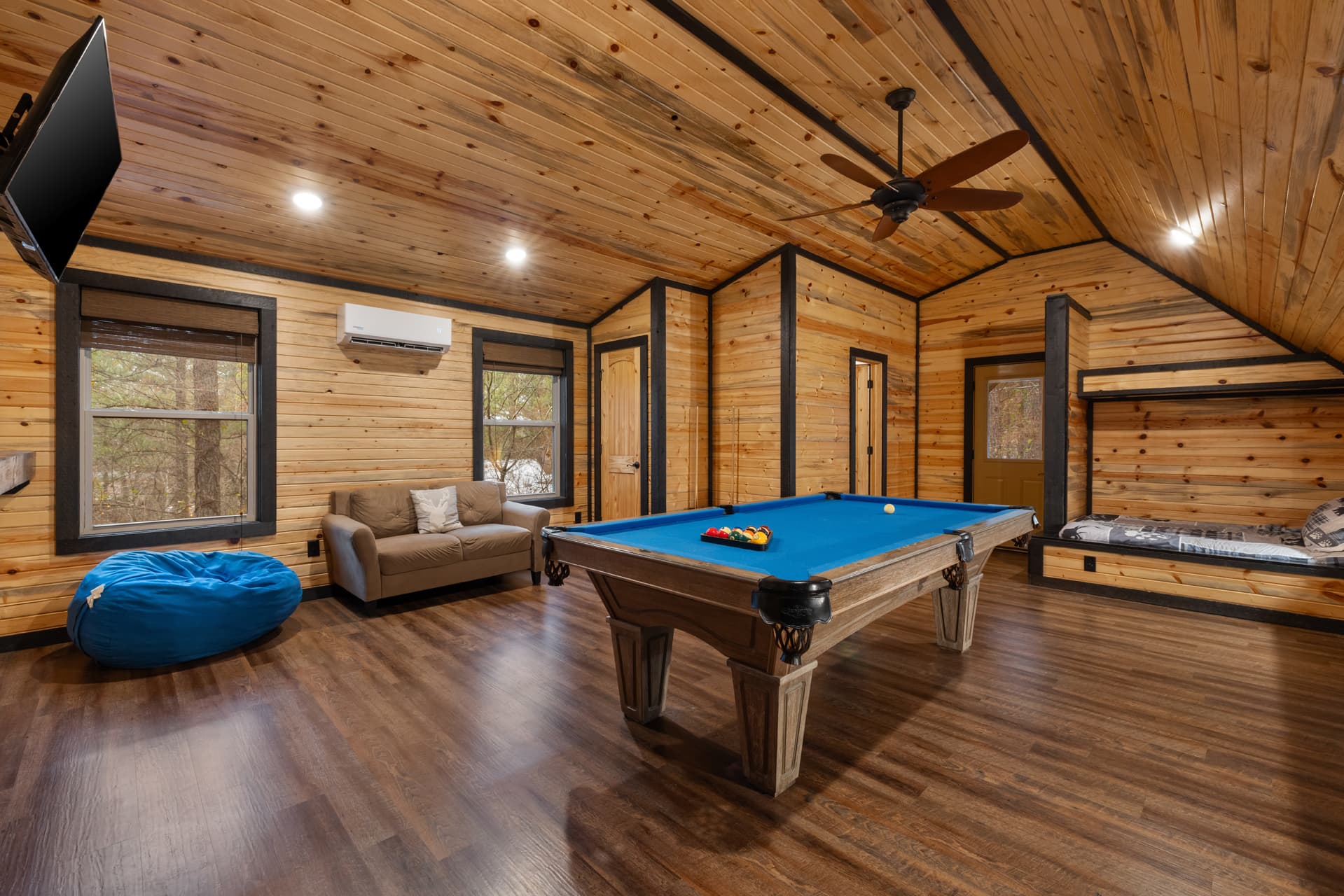 Pool table and 3 twin beds