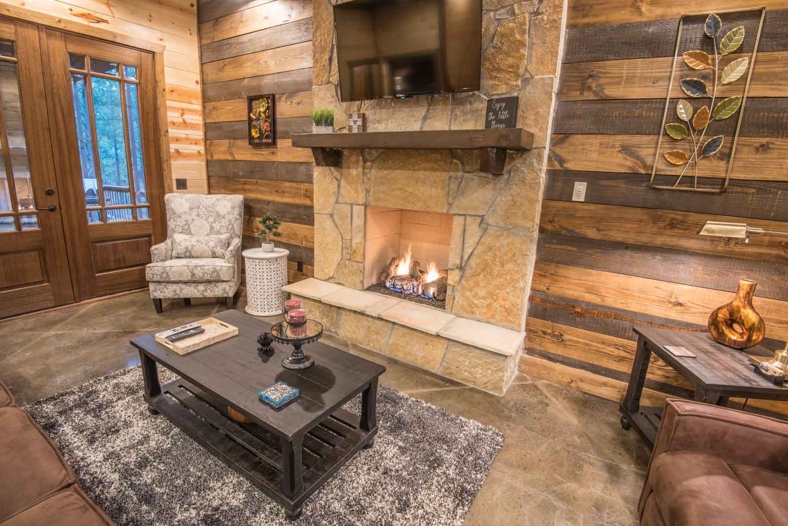 Living room fireplace and coffee table