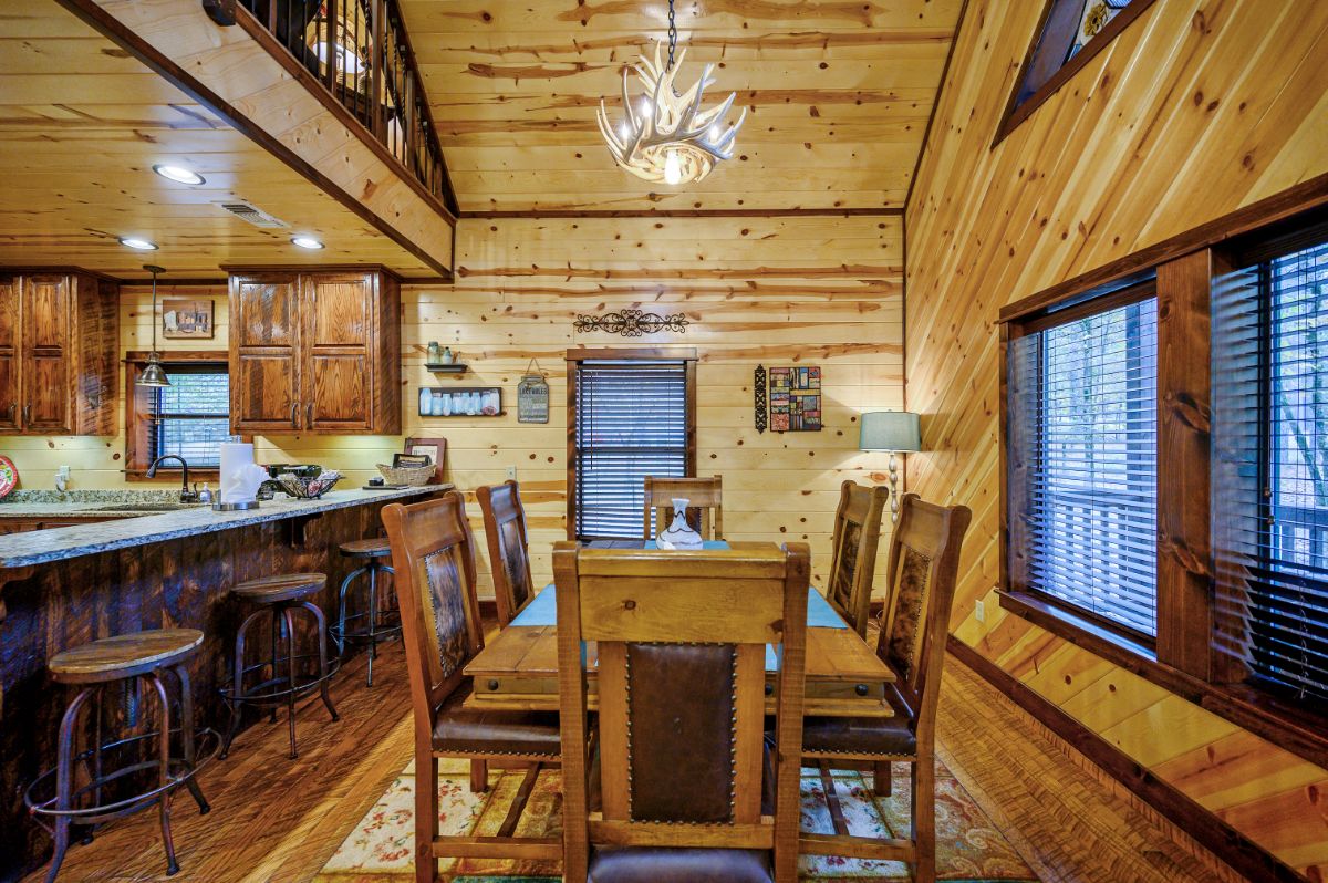 Dining table in open dining room