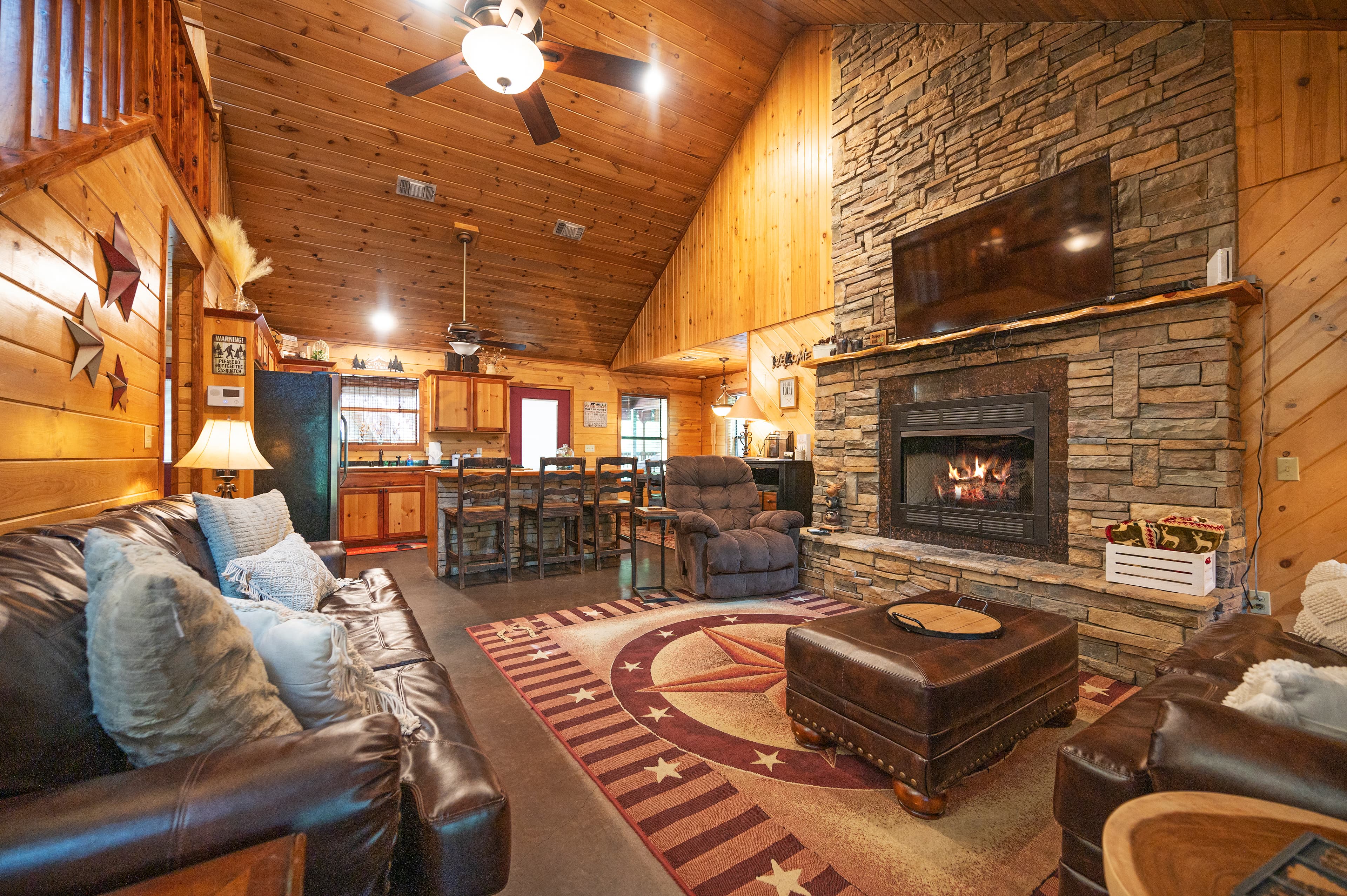 Living area with fireplace, coffee table and TV
