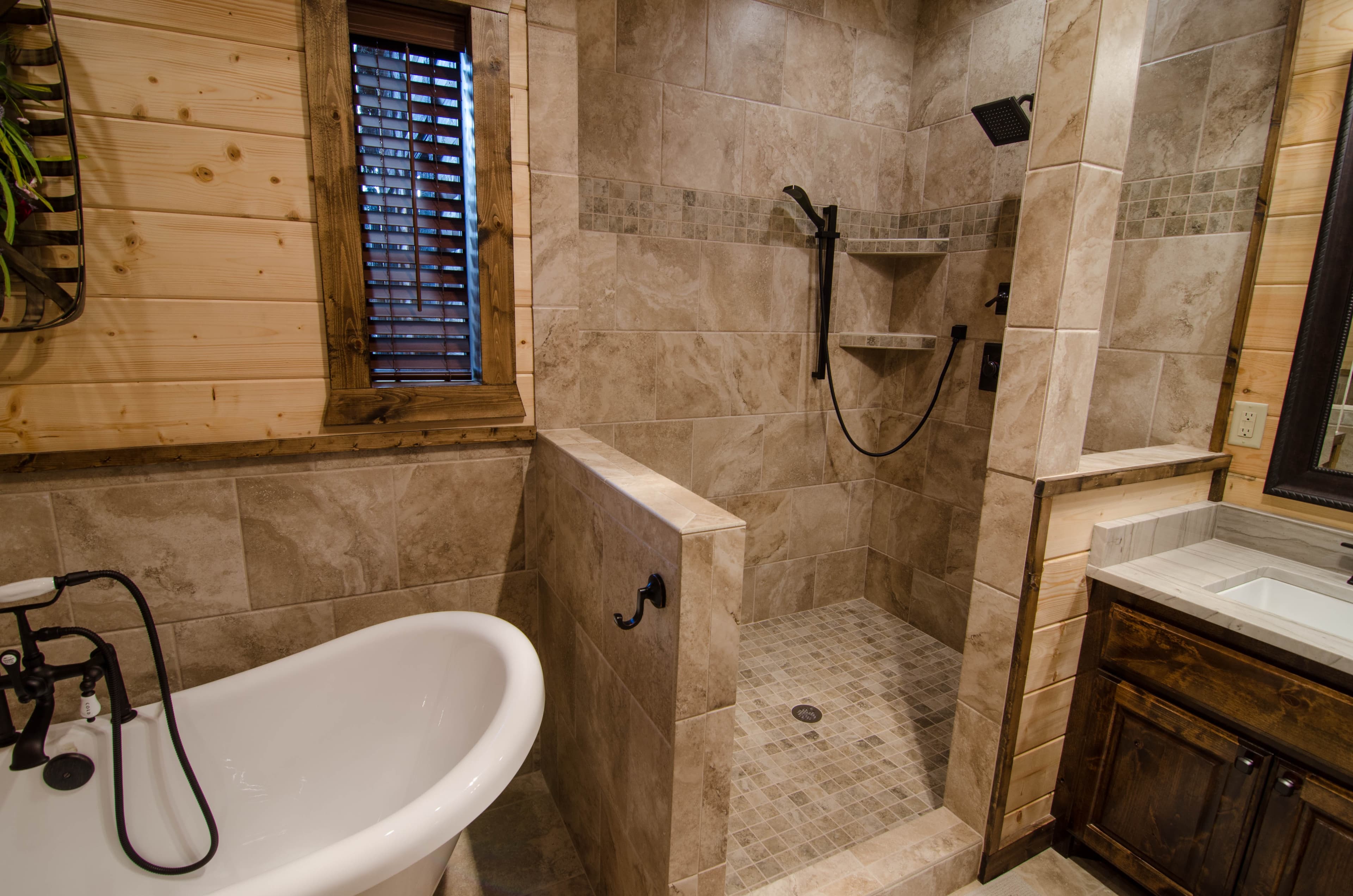 walk in shower and tub with moveable sprayer