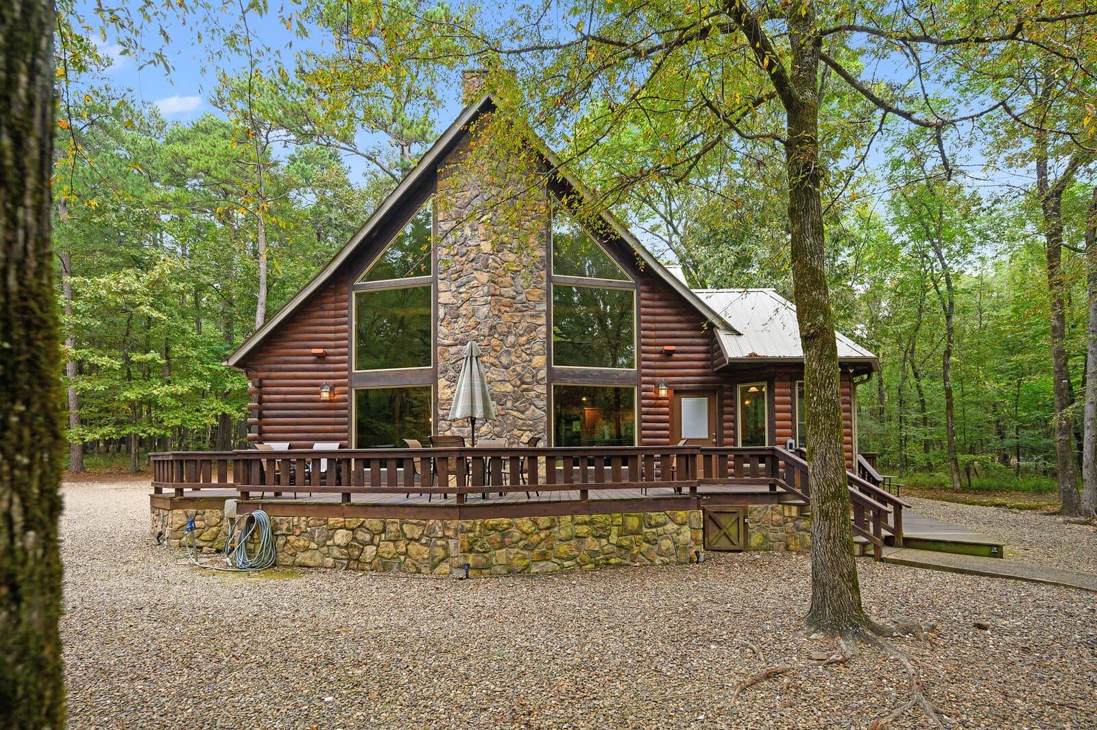 Front of log 2 story cabin