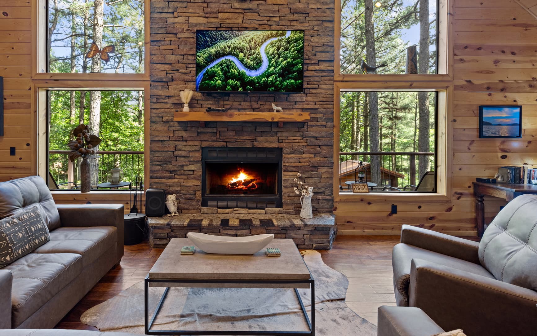 Living room wood burning fireplace, TV and seating