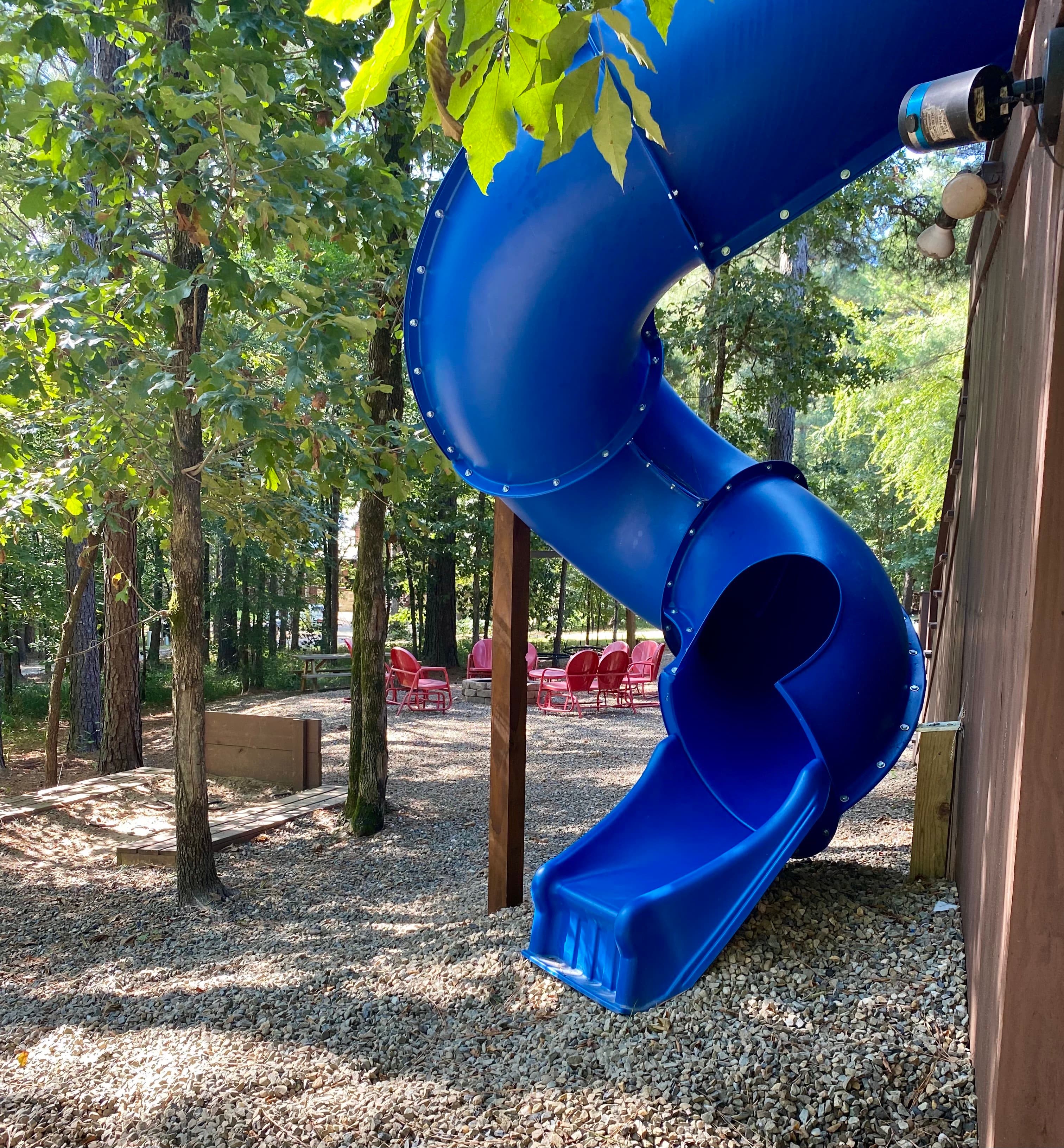 blue slide coming from deck