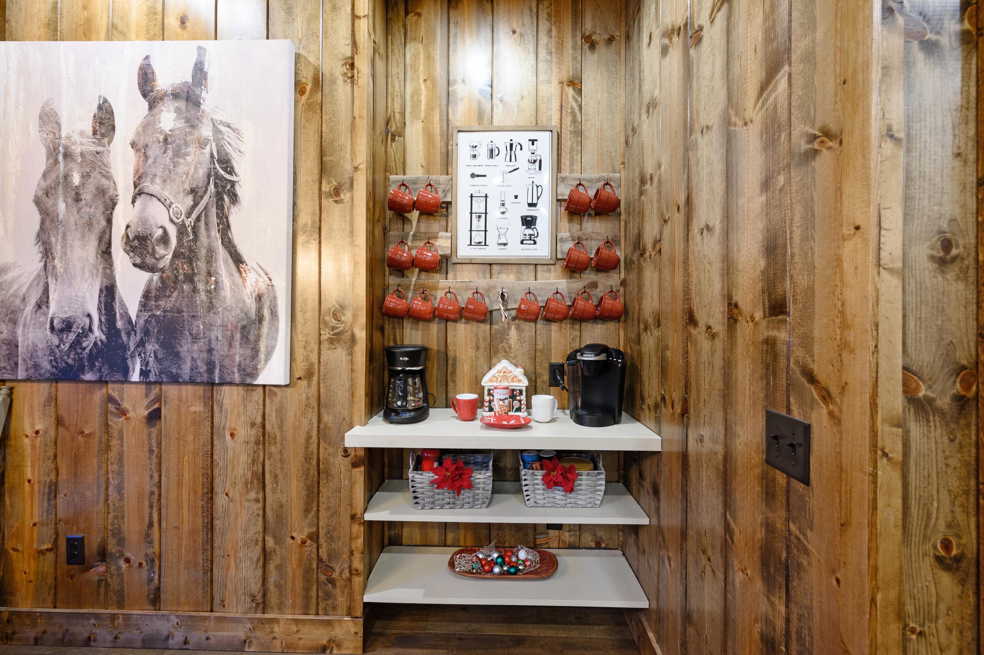 Coffee Bar with Cups, Coffee Maker, and a Keurig