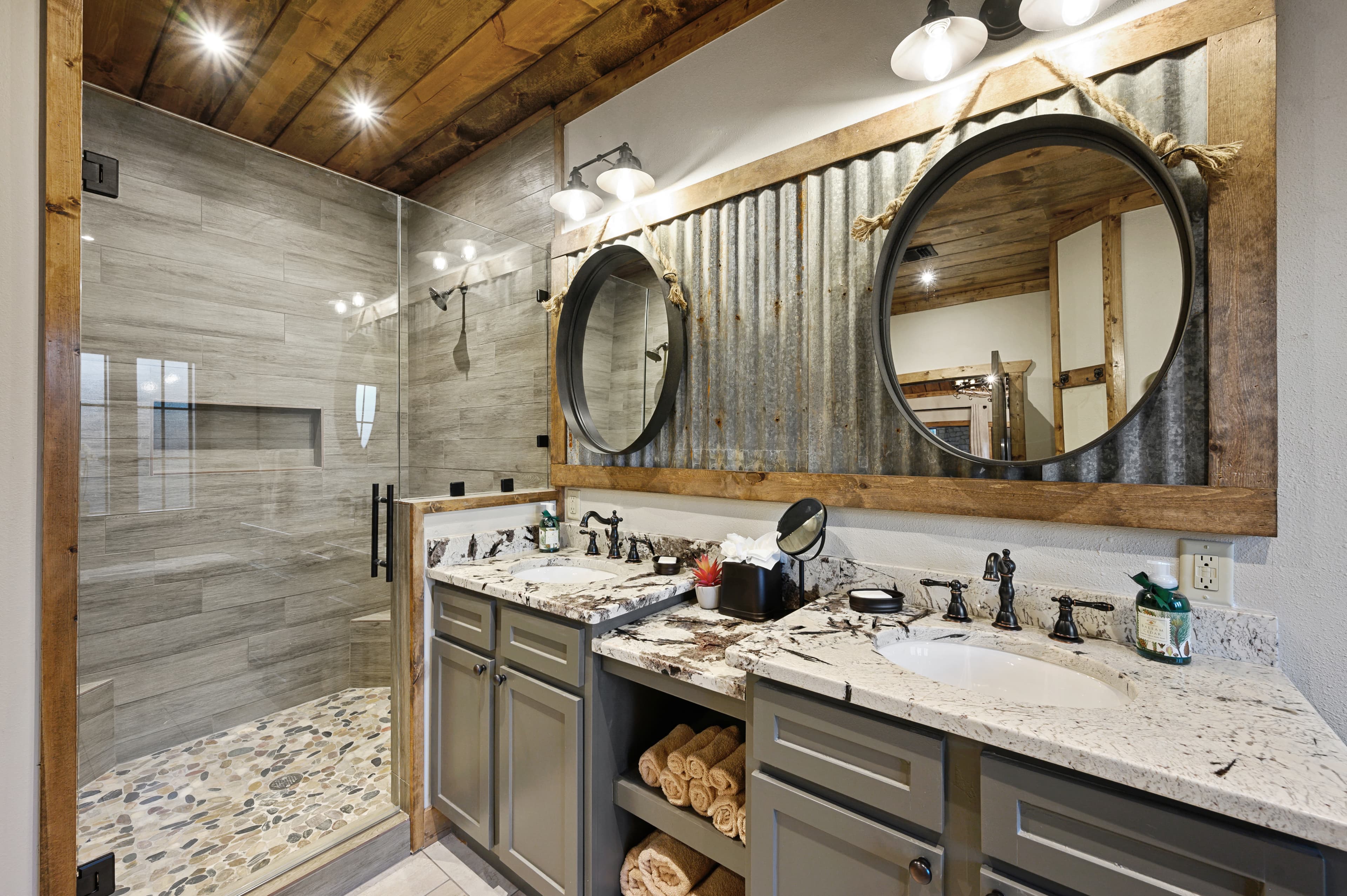 Tile and Rock Shower with 2 Modern Sinks