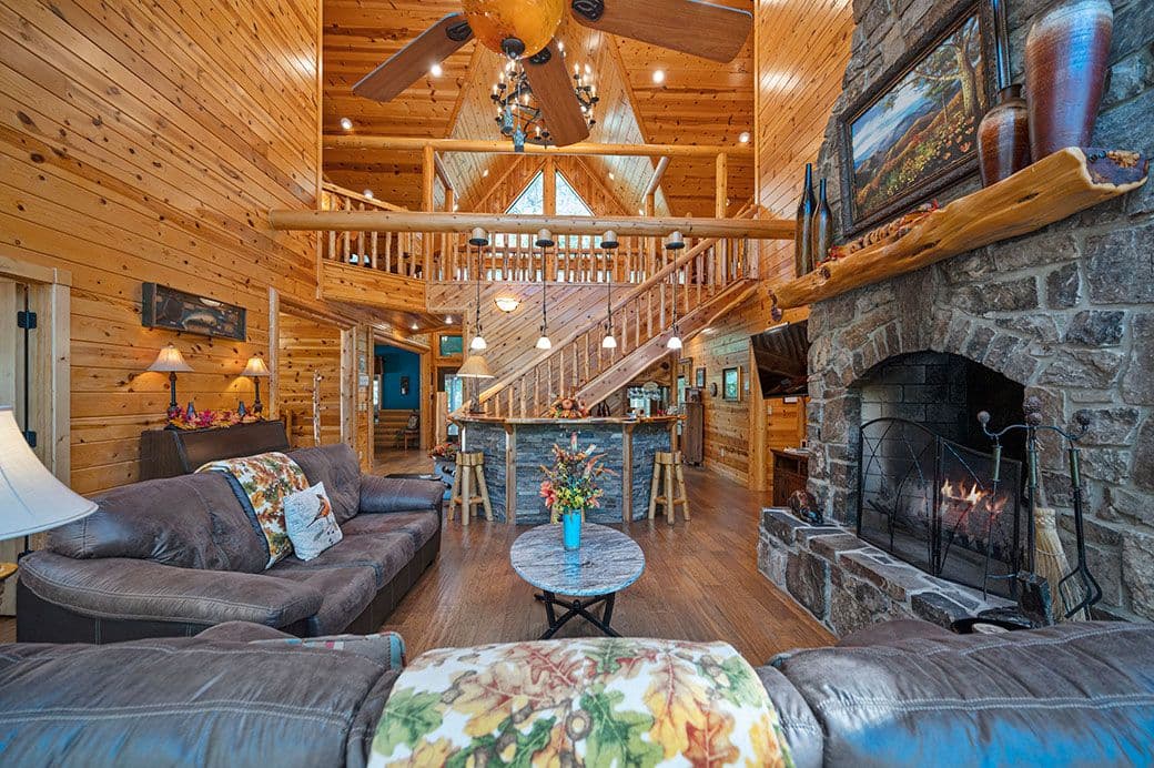 Living room with couches and fireplace