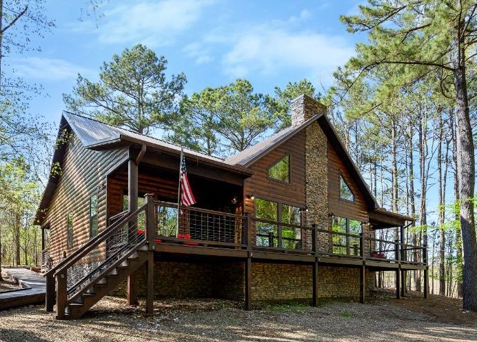 Front of 2 story log cabin