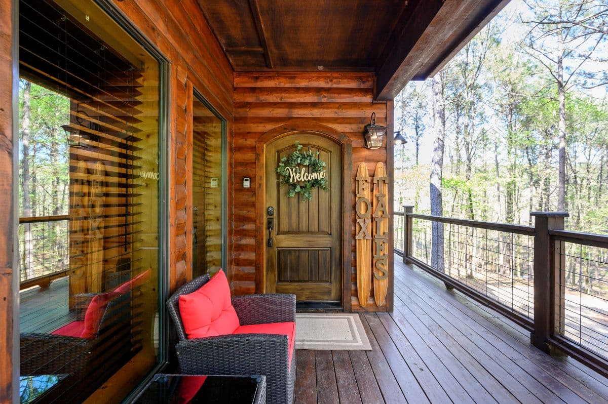 Front door, covered porch seating