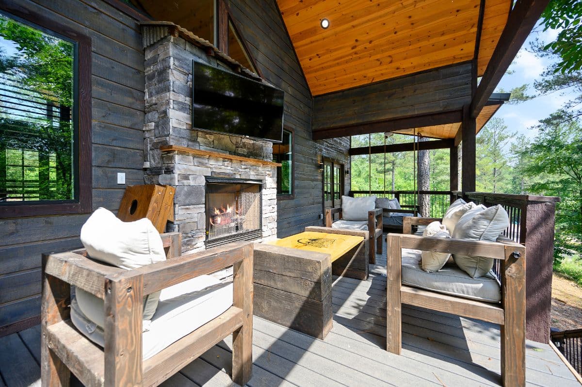 Back patio with TV and fireplace