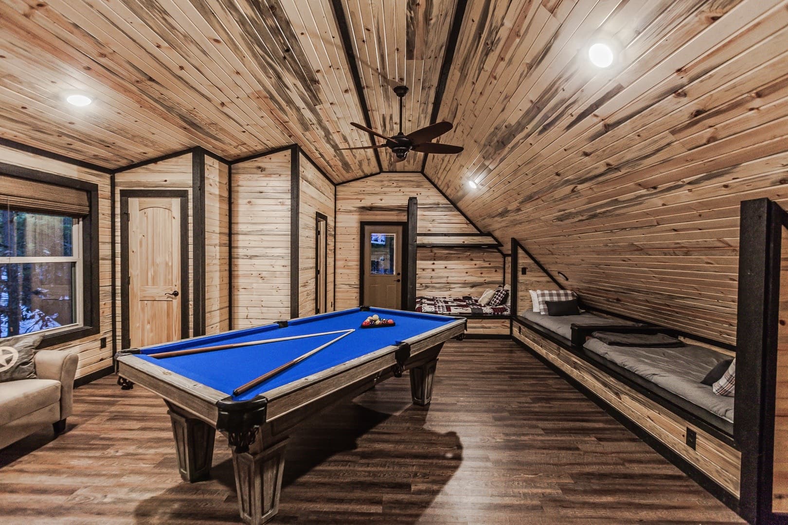 Pool table and 3 twin beds