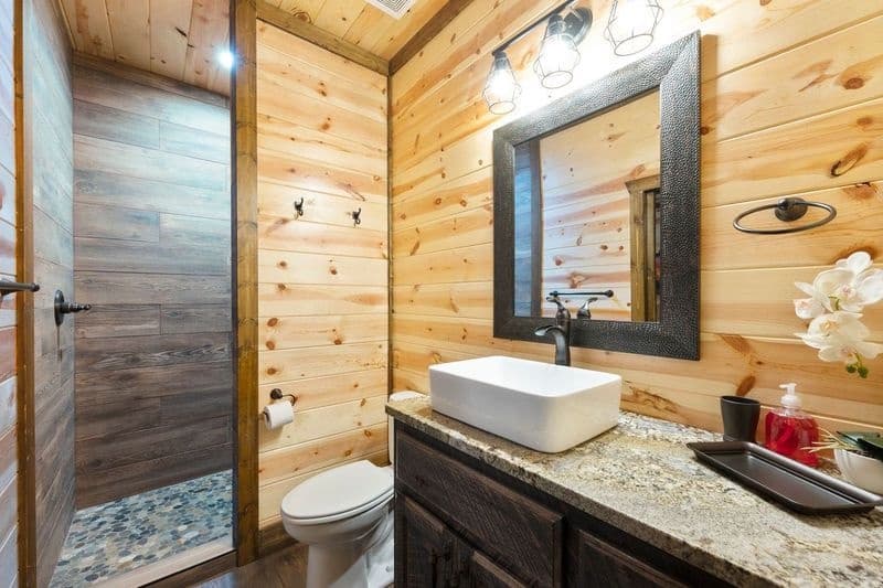 bathroom sink, toilet, and walk-in shower