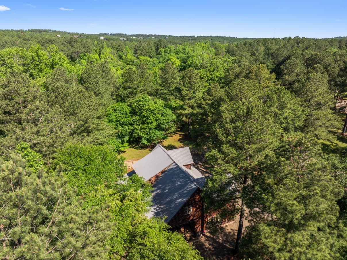 Above log cabin with tall pine trees surrounding