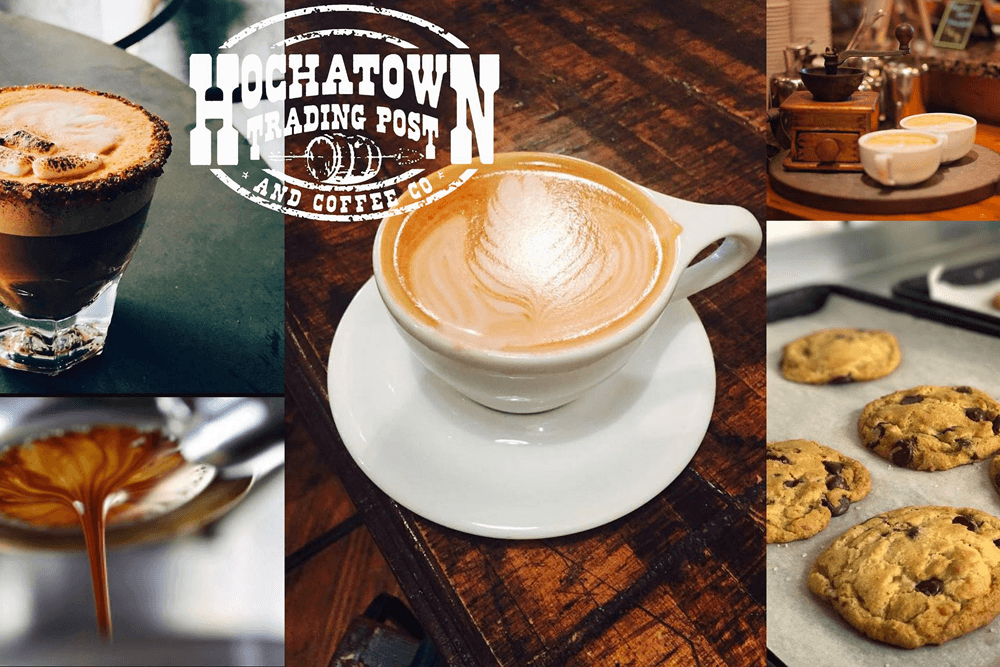 A collage featuring coffee drinks, a coffee-making process, and freshly baked cookies with the Hochatown Trading Post logo.