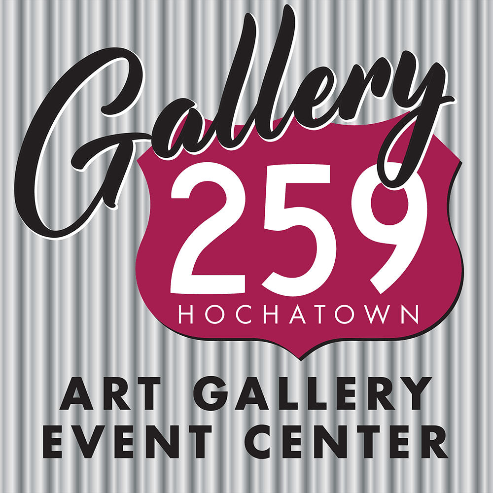 Signage for Gallery 259, an art gallery and event center in Hochatown.