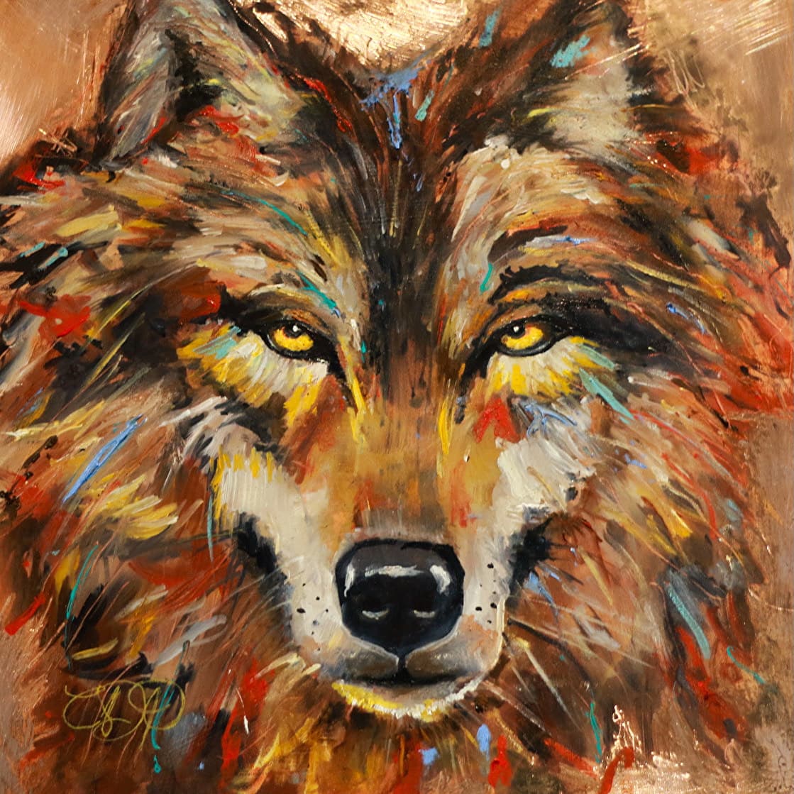 A colorful, artistic depiction of a wolf's face with striking yellow eyes.