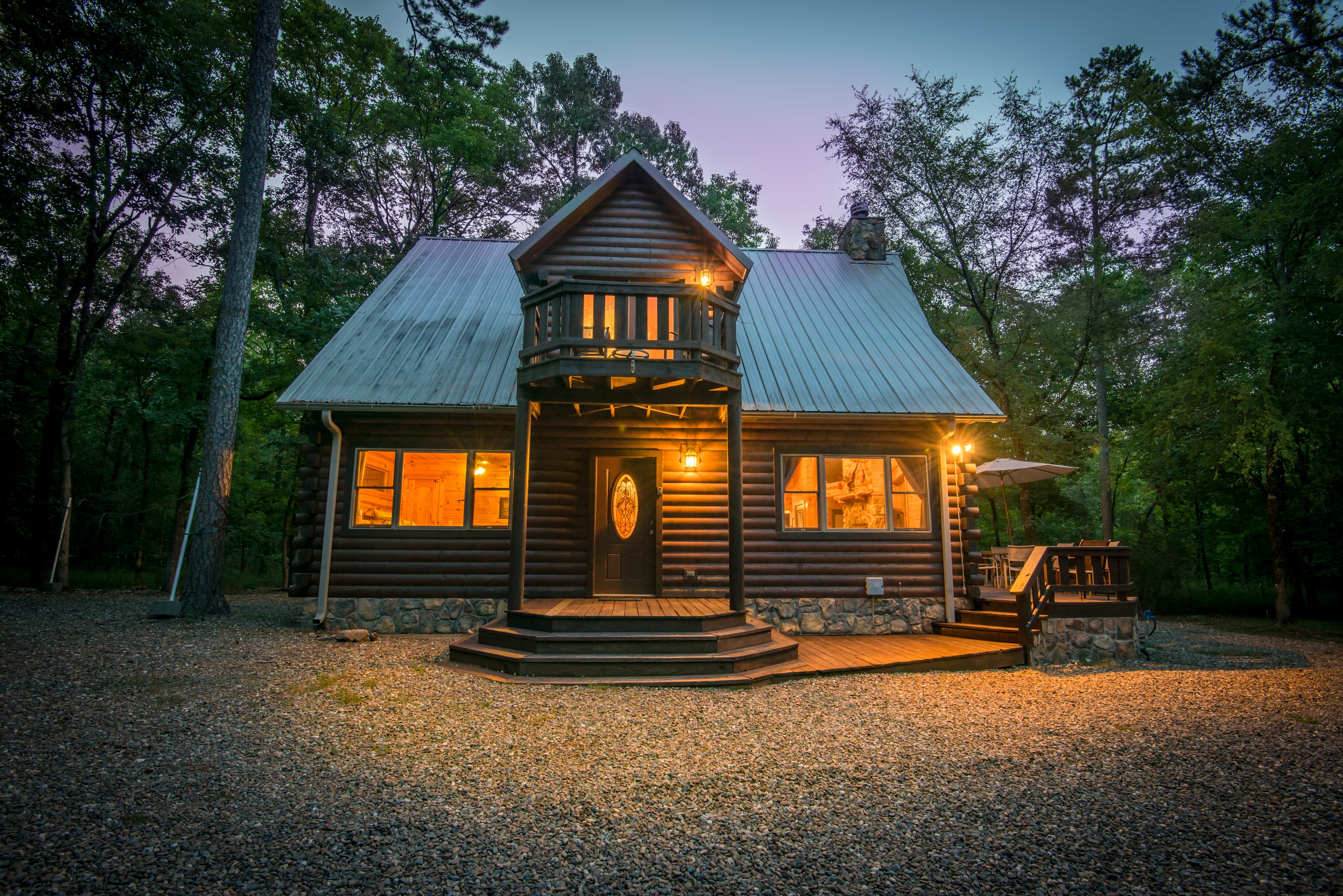 outside of log cabin, front door