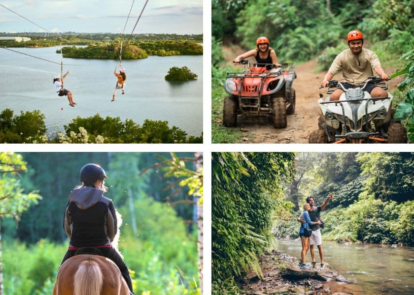 A collage of outdoor adventure activities including zip-lining, ATV riding, horseback riding, and hiking by a river. A collage of outdoor adventure activities including zip-lining, ATV riding, horseback riding, and hiking by a river.