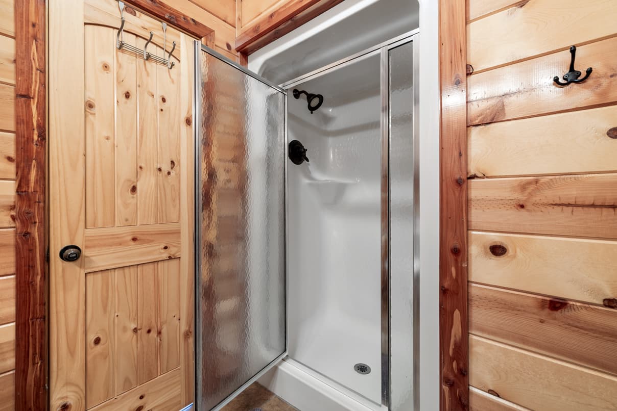 A shower stall with glass doors inside a wooden cabin.