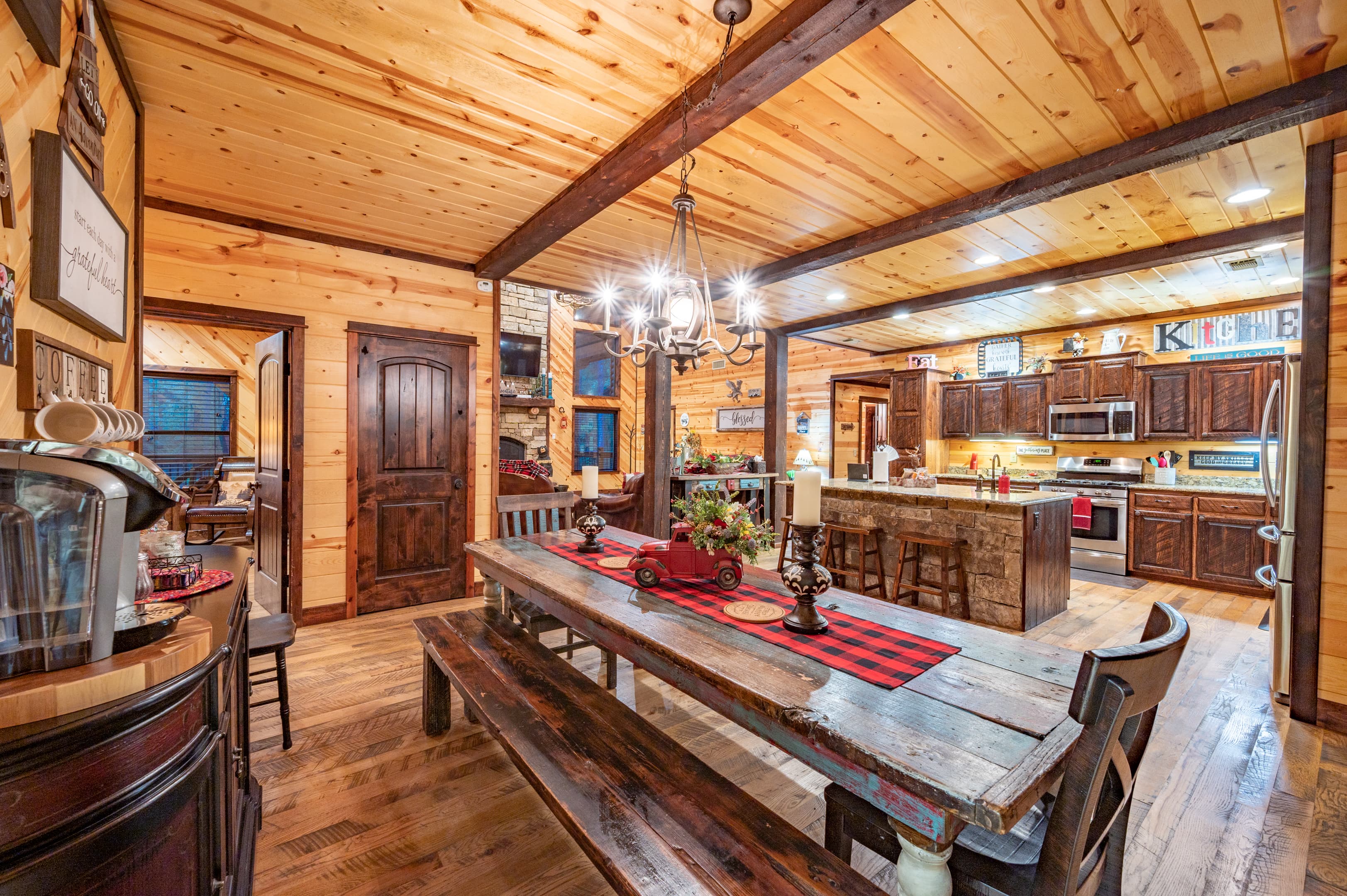 dining table and coffee makers, provided coffee and candy