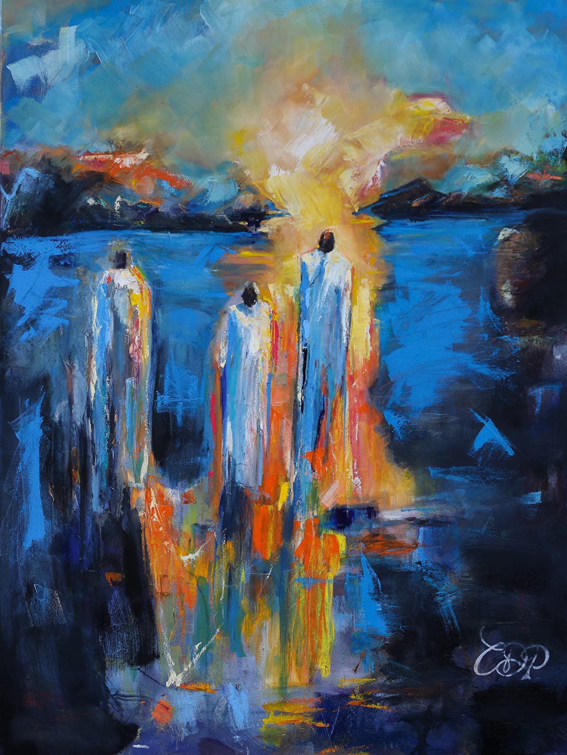 Three abstract figures stand in vibrant colors reflecting on a calm water surface under a luminous sky.