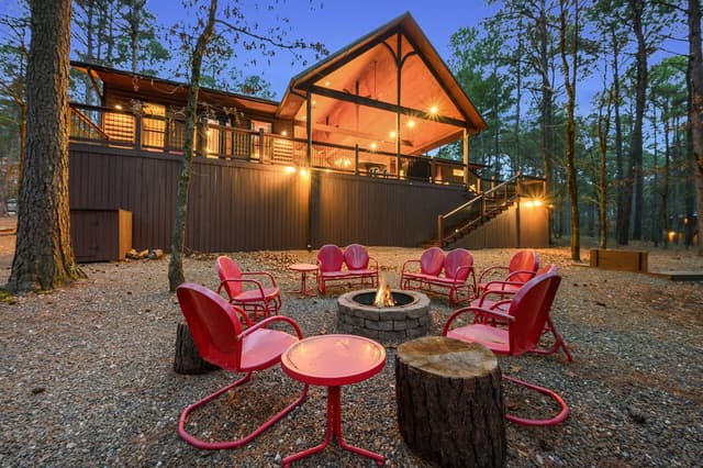 The outdoor fire pit at a Broken Bow, Oklahoma, cabin to enjoy during the winter.