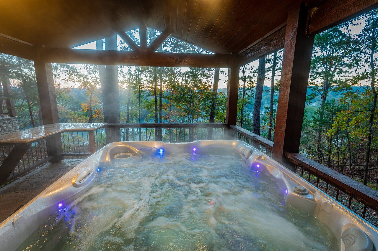 The hot tub at a Broken Bow cabin to relax in during an Oklahoma winter getaway.